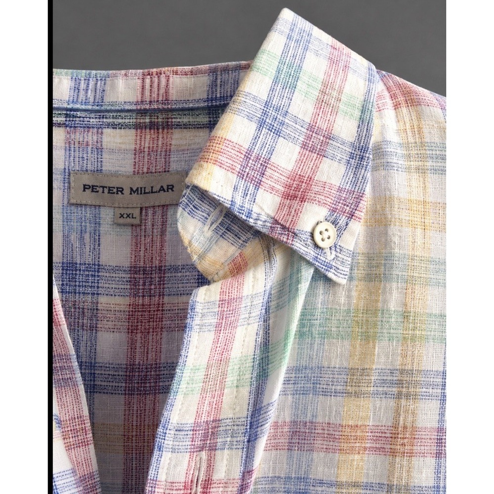 Peter Millar XXL Crown Sport 100% Linen Hammer Mock Plaid Sport Shirt Pastel - Picture 7 of 7